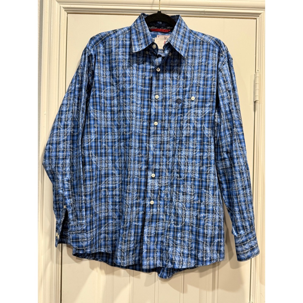 George Strait Cowboy Cut Wrangler Mens Blue Plaid Paisley Western Shirt Medium
